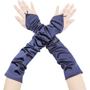 Women's Navy Blue Fingerless Satin Finger Loop Long Sleeves Gloves Party Prom